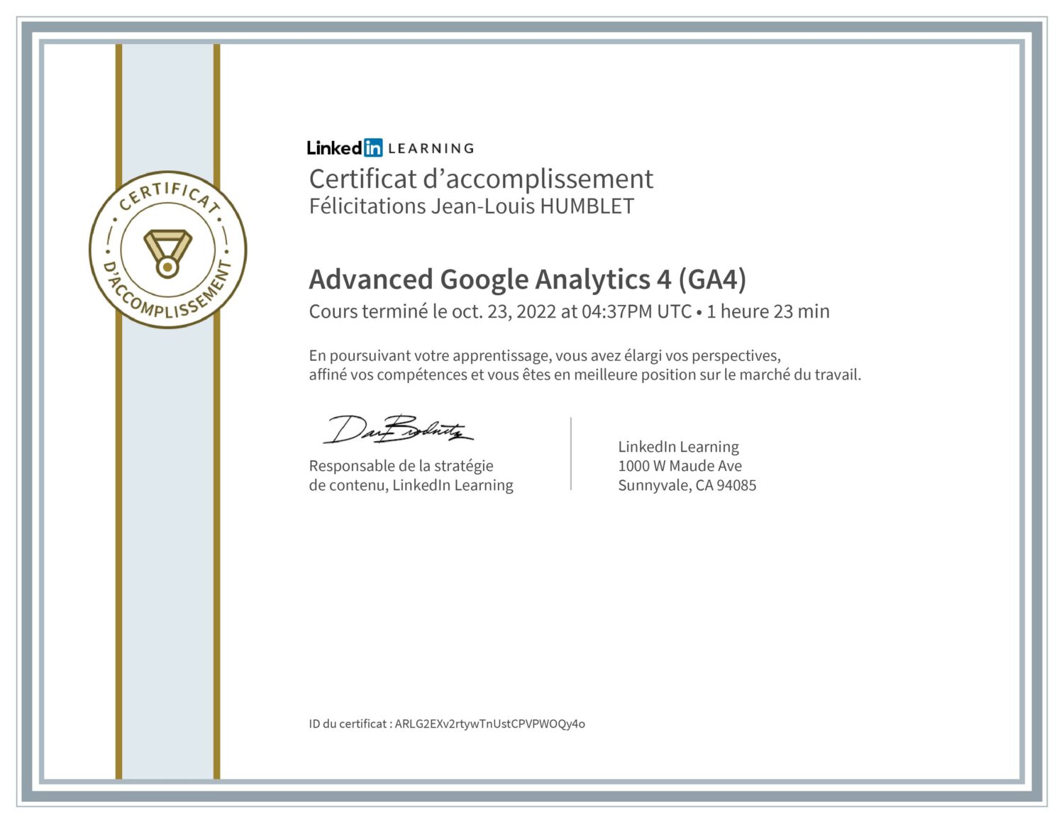 certification Google analytics 4 Jean-Louis HUMBLET