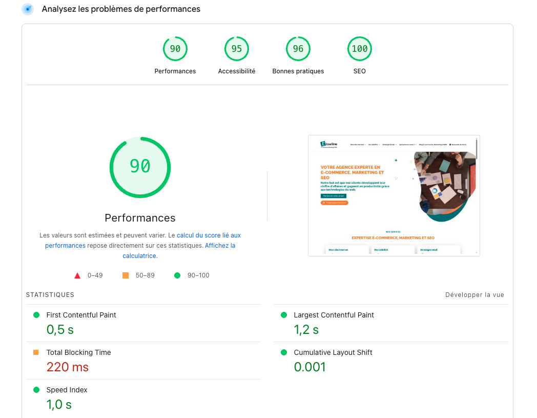 Analyse des performances Google Page Speed Insight