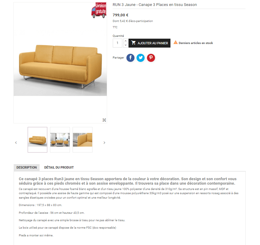 Fiche produit canape Run 3 jaune Visiondeco