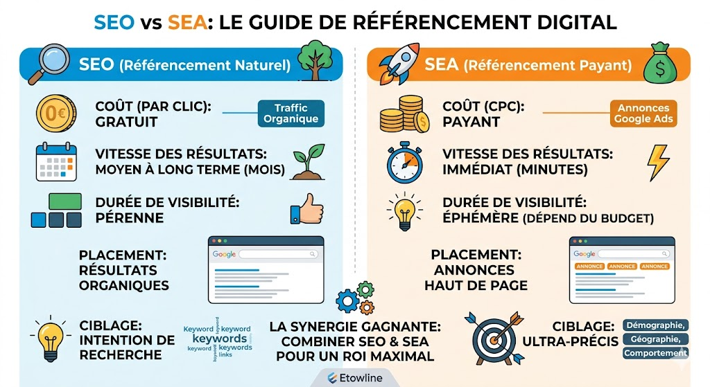 Infographie comparative SEO vs SEA : Le Guide de Référencement Digital d'Etowline. L'image présente une comparaison détaillée côte à côte entre le référencement naturel (coût gratuit, résultats à moyen/long terme, visibilité pérenne) et le référencement payant (coût payant, résultats immédiats, visibilité éphémère selon le budget) selon des critères tels que le placement, le ciblage et la durée. Le bas de l'infographie met en avant la synergie gagnante de combiner SEO et SEA pour un ROI maximal.